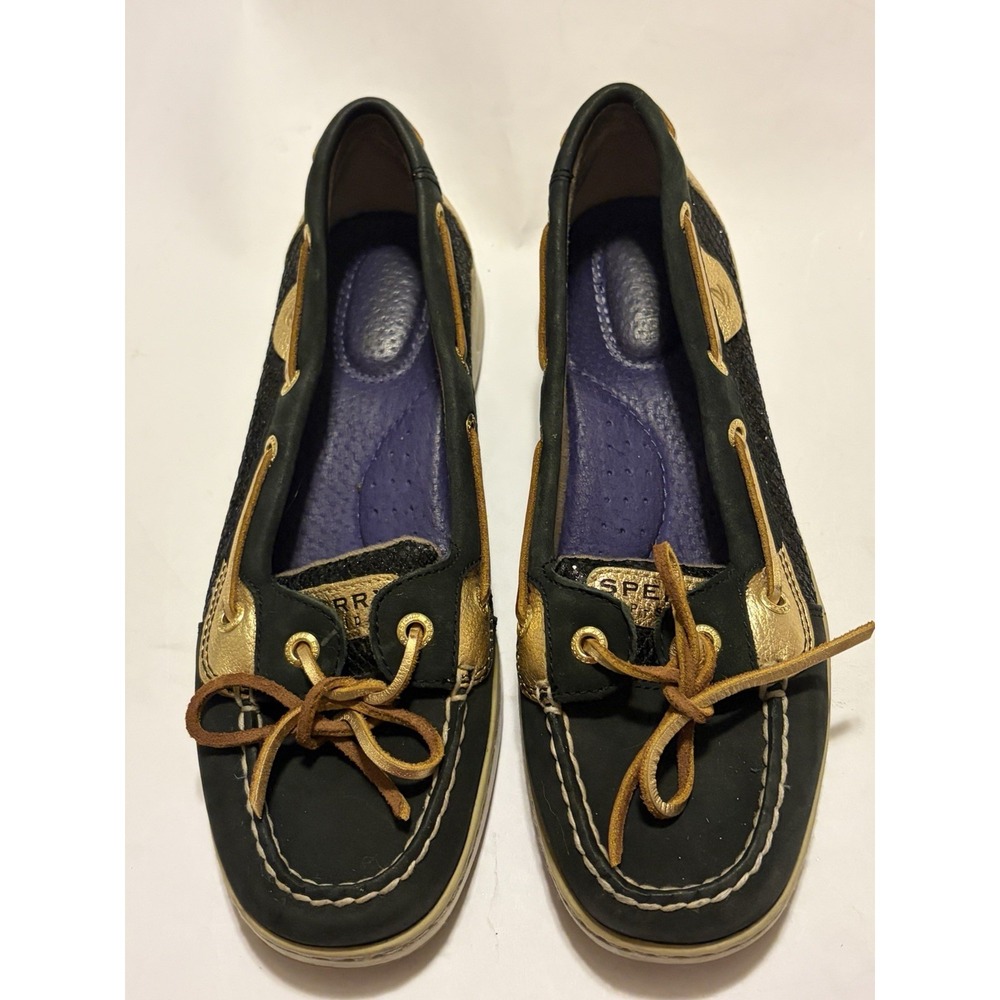 SPERRY Top Sider Angelfish Black Gold Metallic Women 8 Coastal Nautical Sparkly!